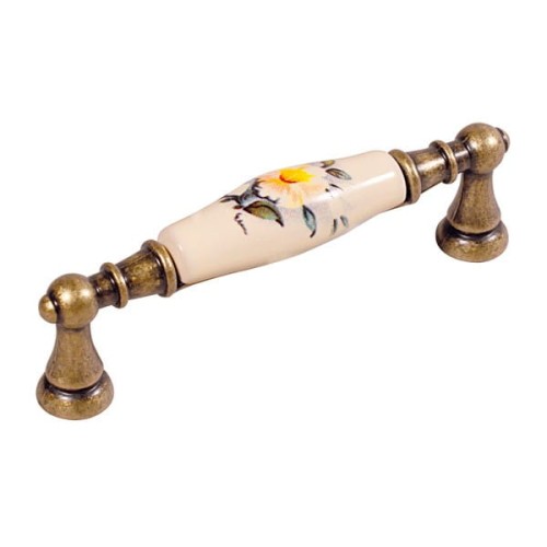 Flora- stary mosiądz uchwyt ceramiczny z kwiatkiem 96mm.jpg